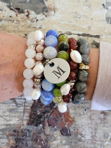 stacked gemstone bead bracelets with FW Pearl charms