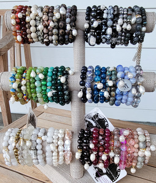 3 tiers of gemstone bead bracelets with FW Pearl charms