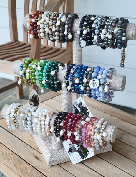3 tiers of gemstone bead bracelets with FW Pearl charms