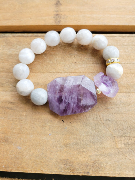 22mm Amethyst gemstone slab & 13mm nugget 12mm agate beads stretch bracelet  unique