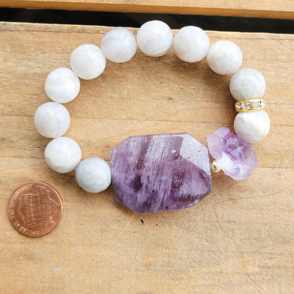 22mm Amethyst gemstone slab & 13mm nugget 12mm agate beads stretch bracelet  unique