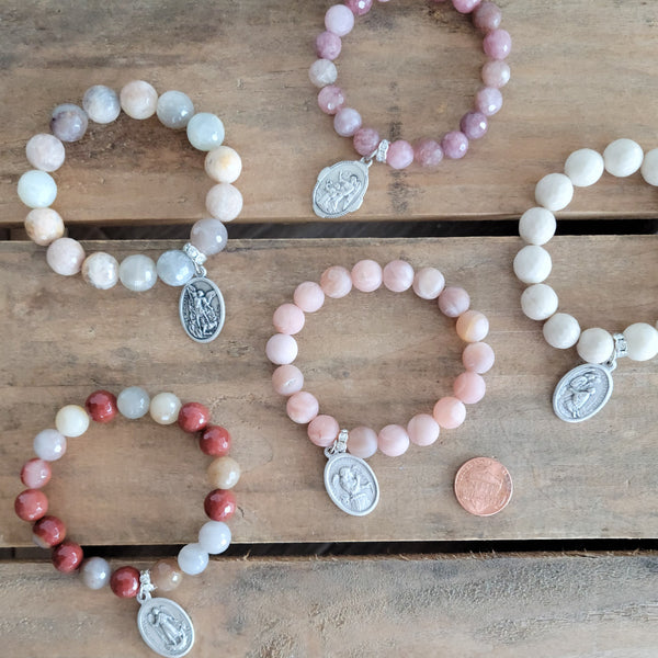 religious saint medals gemstone beads stretch bracelets