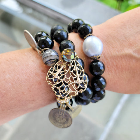 black agate 12mm gemstone bead stretch bracelets with vintage details