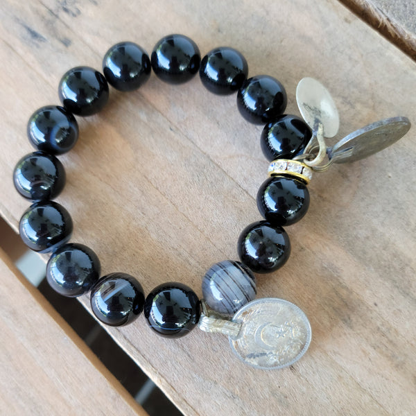 12mm swirl black agate beads w/ vtg coin charms stretch bracelet