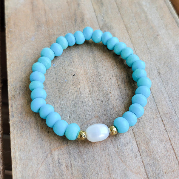 6-8mm turq. bone beads & freshwater pearl coastal collection stretch bracelet