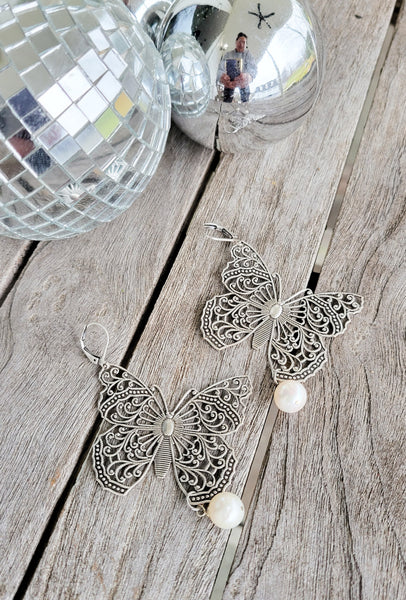 3" oxidized silver filigree butterfly freshwater pearl earrings