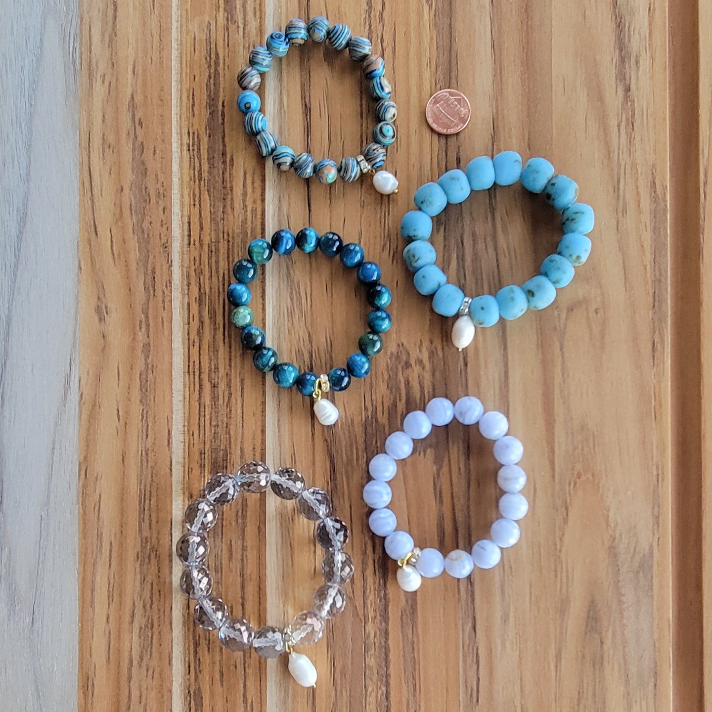 Coastal Blues gemstone beads freshwater pearls stretch bracelets
