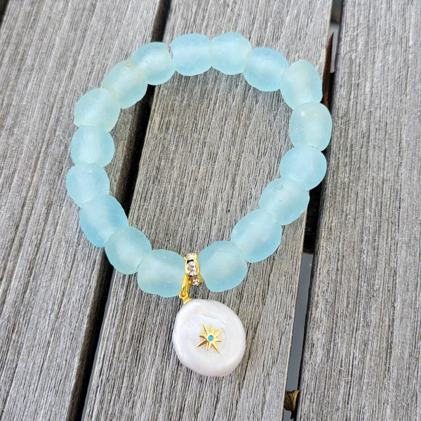10mm recycled seafoam glass beads w/ Stella studded coin pearl charm stretch bracelet