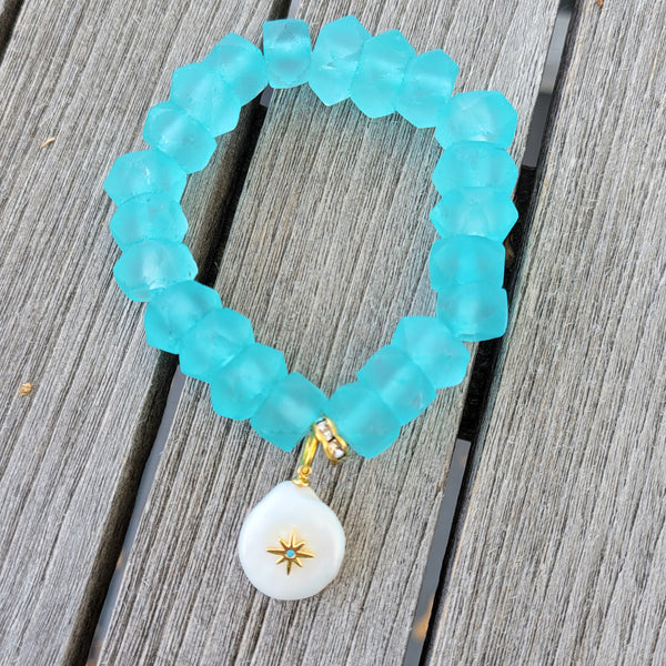 12mm recycled teal glass beads w/ Stella studded coin pearl charm stretch bracelet