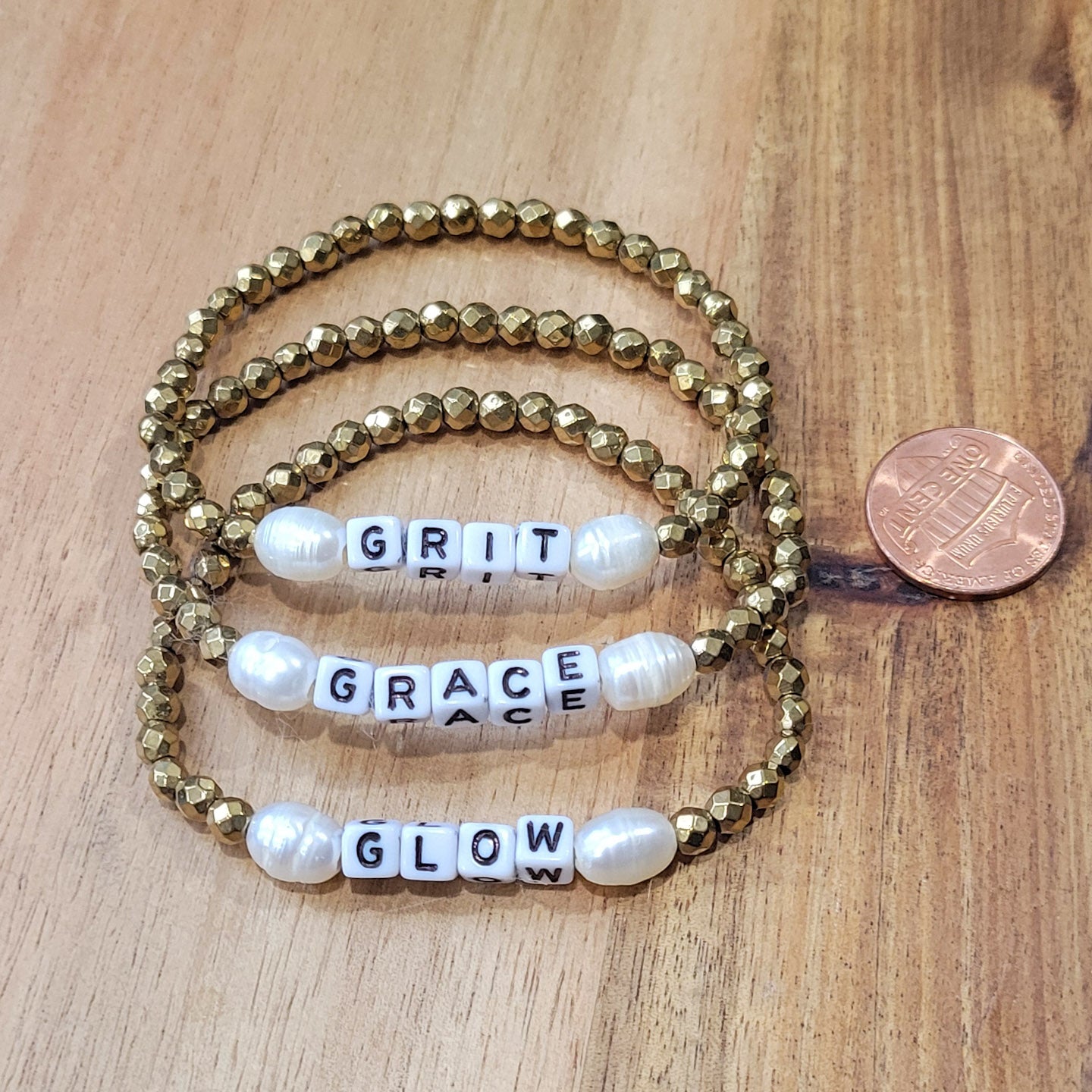gold hematite, freshwater pearls and mini letter beads stretch bracelets