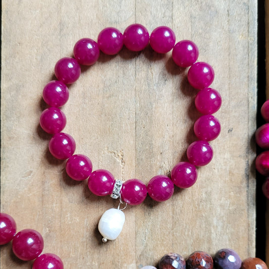 magenta agate 10mm beads freshwater pearl dangle stretch bracelet