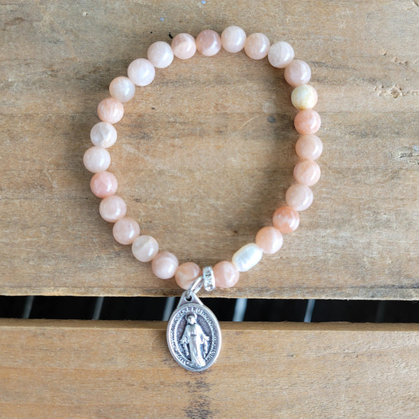 Sunstone beads Freshwater Pearl .75" Miraculous Medal stretch bracelet