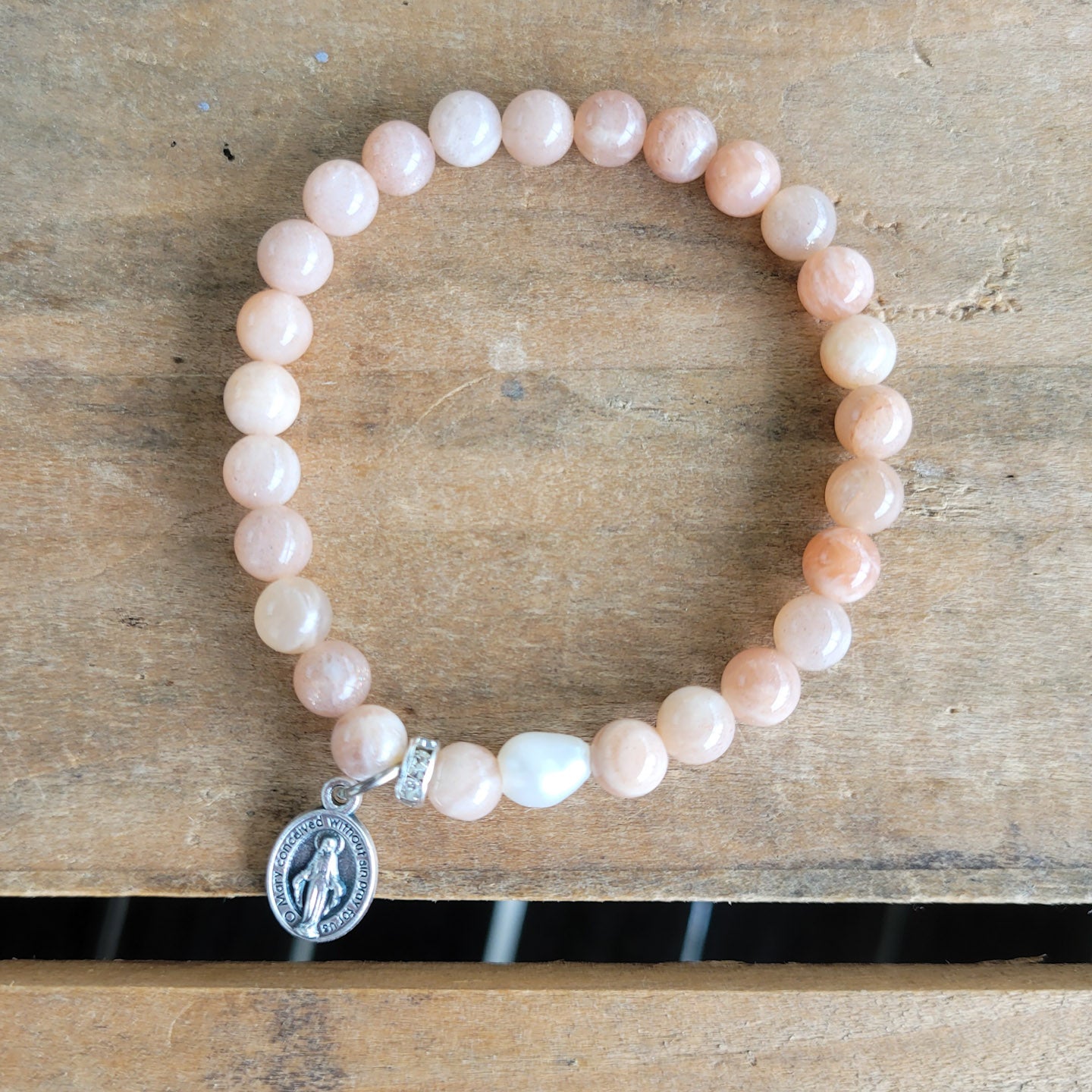 Sunstone beads Freshwater Pearl .50" Miraculous Medal stretch bracelet