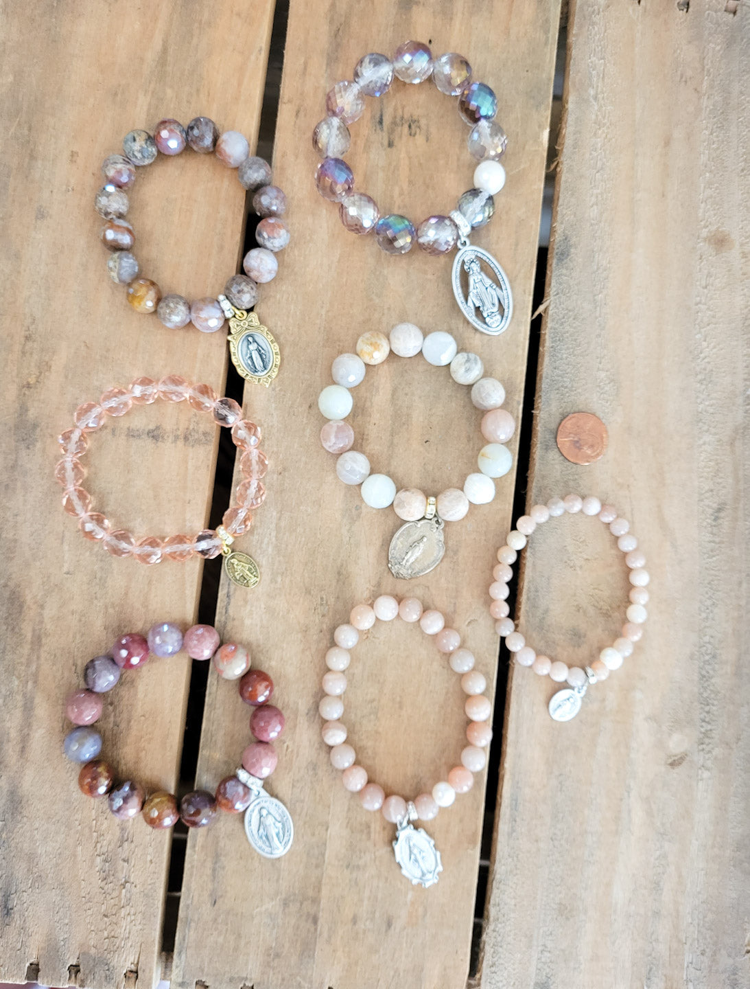 Miraculous medal dusty rose gemstone beads unique stretch bracelets