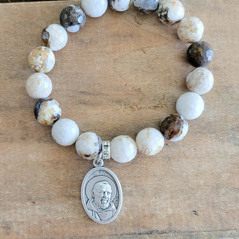 10mm petrified agate beads w St. Padre Pio medal stretch bracelet