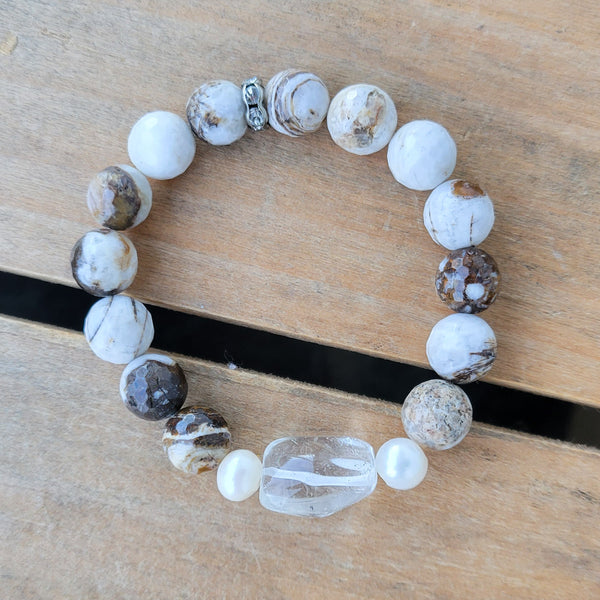 10mm petrified jasper beads center crystal quartz flanked w 2 FW Pearls stretch bracelet