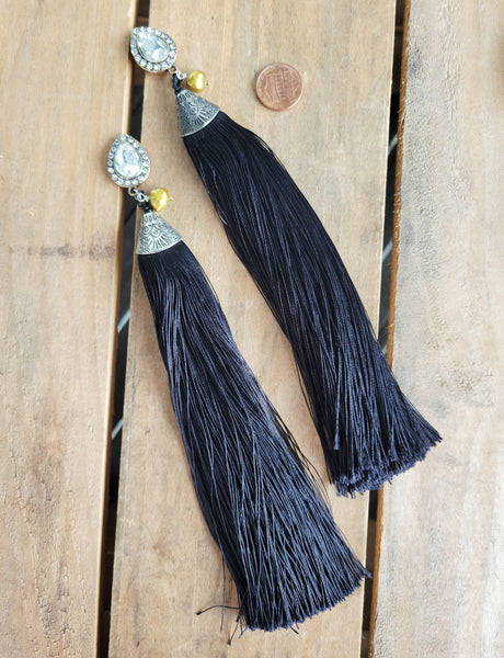 glam-lux rhinestone pearls & 7" black tassels earrings
