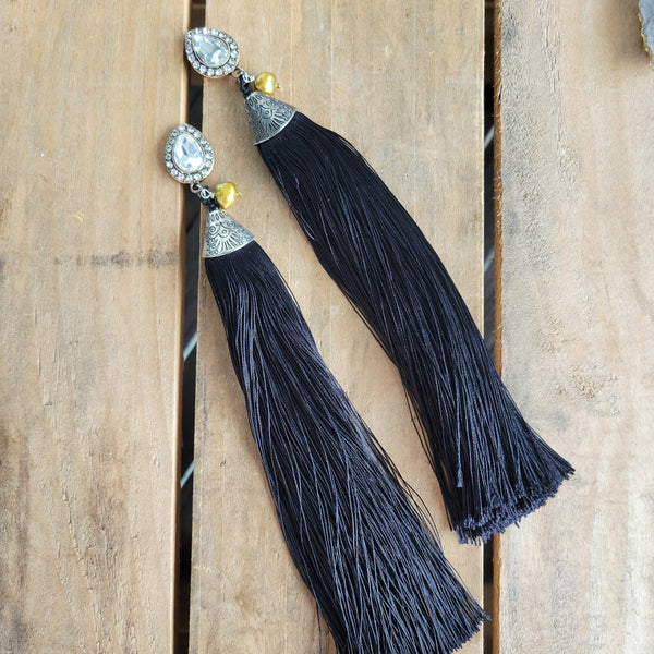glam-lux rhinestone pearls & 7" black tassels earrings