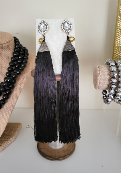 glam-lux rhinestone pearls & 7" black tassels earrings