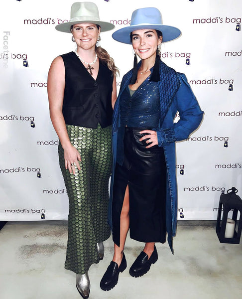 glam-lux rhinestone pearls & 7" black tassels on model