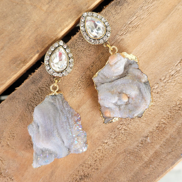 large tear drop rhinestone ear posts blue druzy agate freeform gemstone earrings