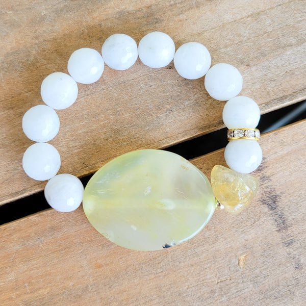 Opal gemstone beads yellow agate center w/ citrine nugget stretch bracelet