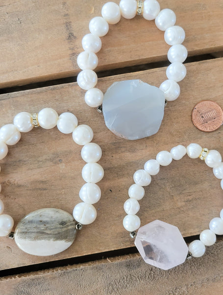 Gemstone slabs w vtg. rhinestones and freshwater beads stretch bracelets