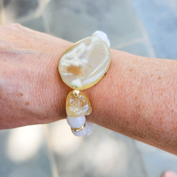 Opal gemstone beads yellow agate center w/ citrine nugget stretch bracelet