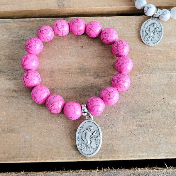 Howlite beads pink 12mm St. John of God medal stretch bracelet
