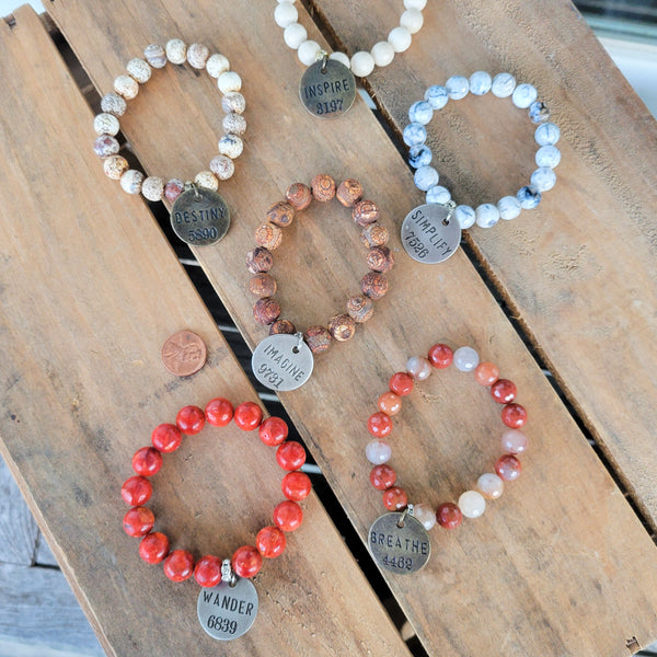 Vintage style word tags stone bead stretch bracelets