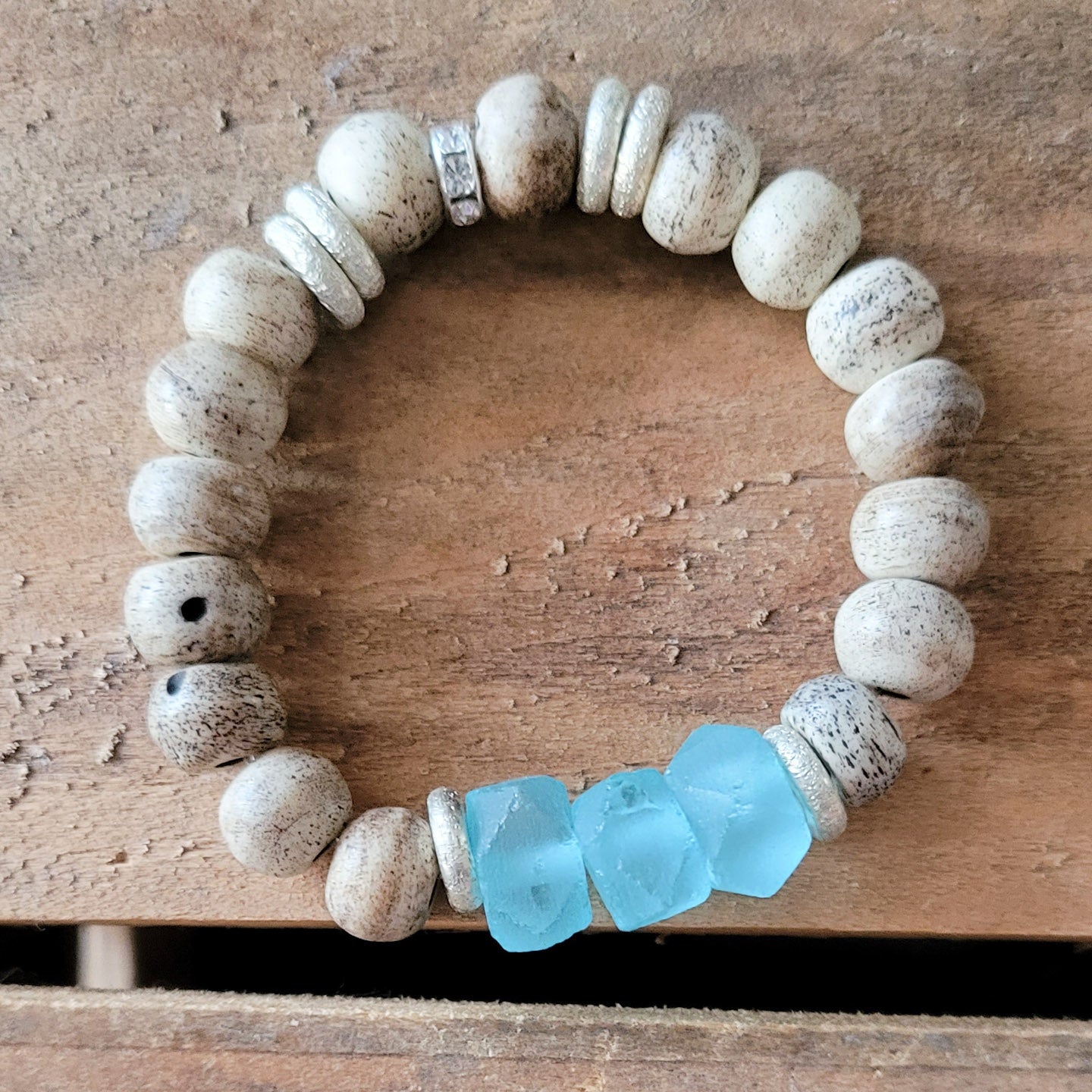 Bone teal recycled glass mix beads 10mm stretch bracelet