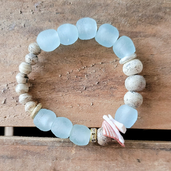 recycled glass, bone, shells mixed beads 8mm-10mm stretch bracelet