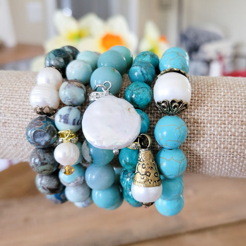 Turquoise color gemstone bead & fw pearl stretch bracelets