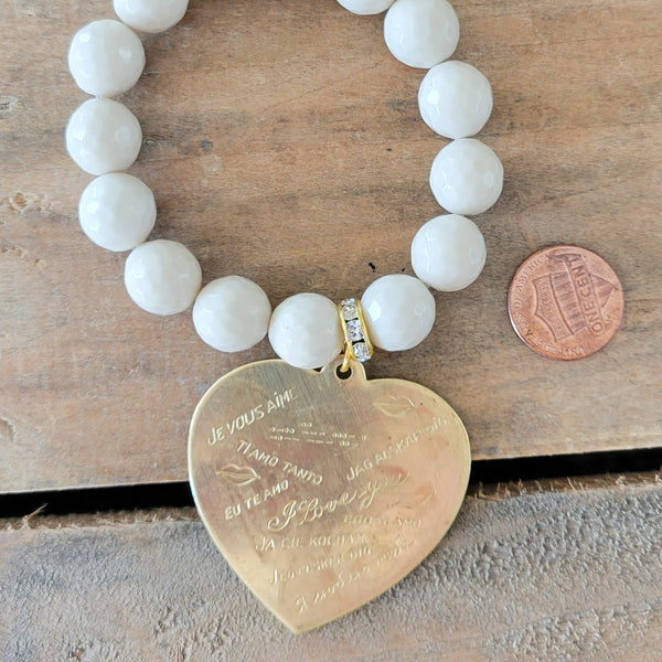 12mm cream agate beads XL vintage brass Heart charm w I Love You stamped in many languages
