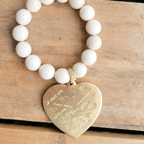 12mm cream agate beads XL vintage brass Heart charm w I Love You stamped in many languages