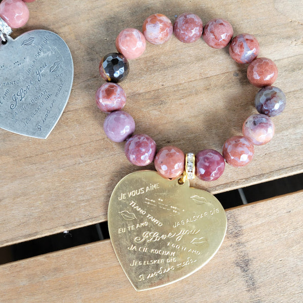 12mm Portuguese agate 44mm brass stamped I love you heart charm stretch bracelet