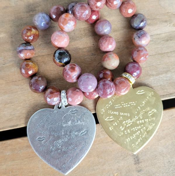 12mm Portuguese agate 44mm brass & ox silver stamped I love you heart charm stretch bracelets