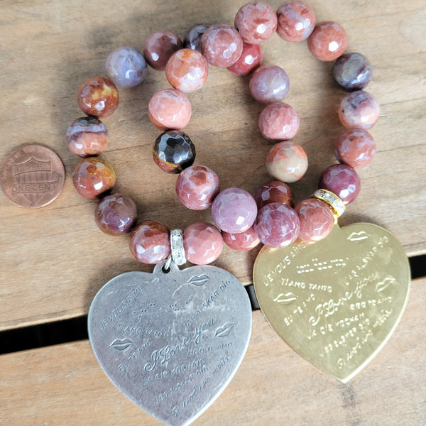 12mm Portuguese agate 44mm brass & ox silver stamped I love you heart charm stretch bracelets