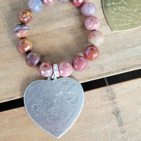 12mm Portuguese agate 44mm oxidized silver stamped I love you heart charm stretch bracelet