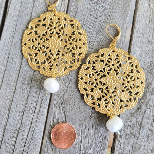 46 mm brass filigree discs w 10 mm freshwater pearl drop earrings