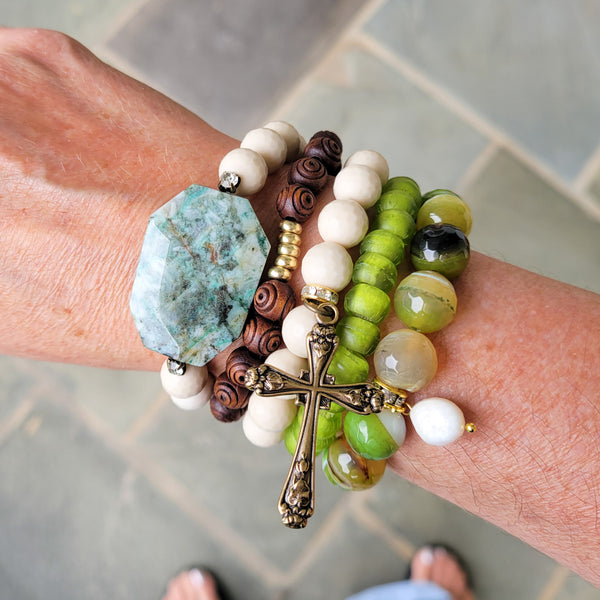 green, brown, brass, freshwater pearl small batch stretch bracelets