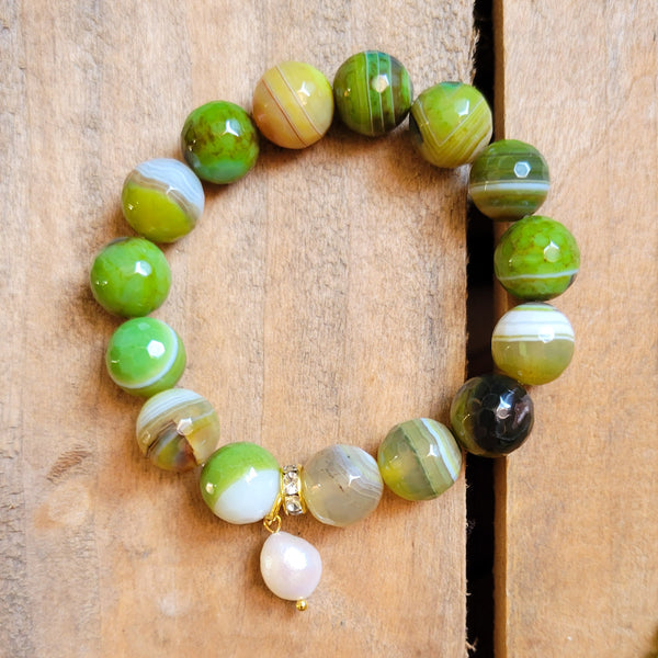12mm celadon striped agate. freshwater pearl dangle stretch bracelet