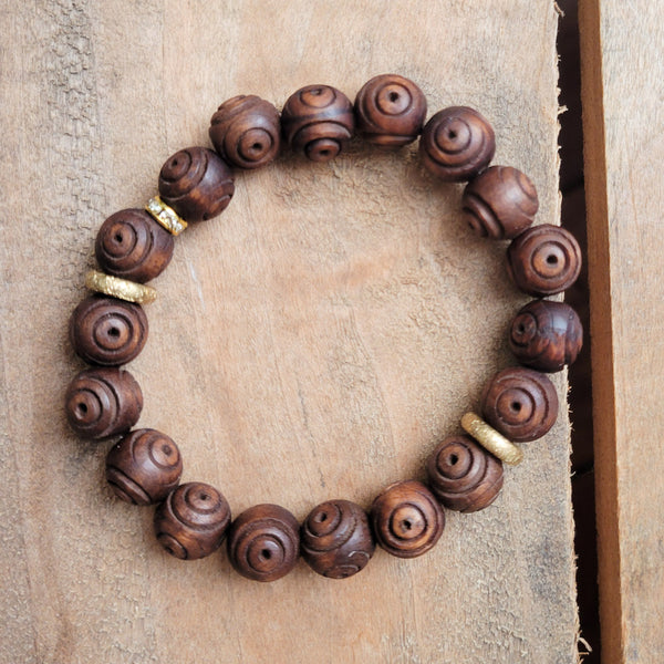 10mm carved wood and brass beads stretch bracelet
