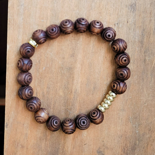 8mm carved wood and brass beads stretch bracelet