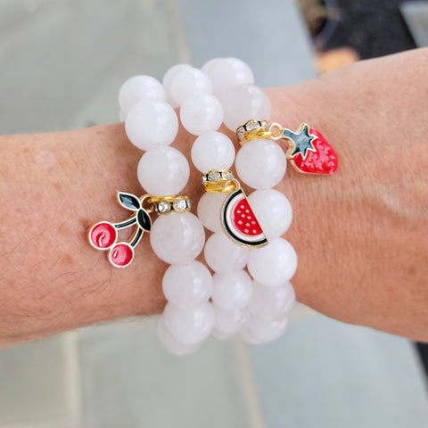 white quartz beads enamel red fruit charms stretch bracelets