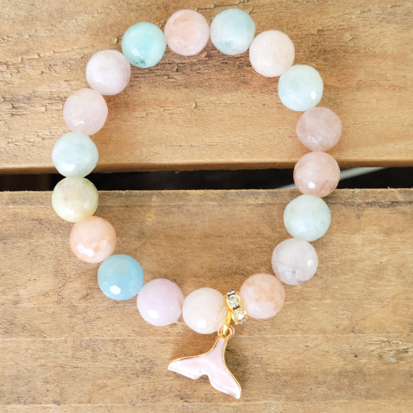 enamel pink whale tail charm on morganite gemstone beads stretch bracelet