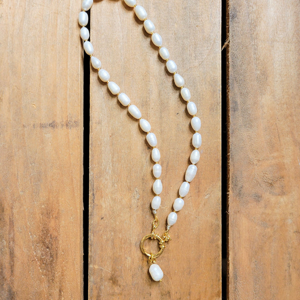 6-8mm freshwater rice pearls gold-filled charm clasp; fw pearl charm necklace