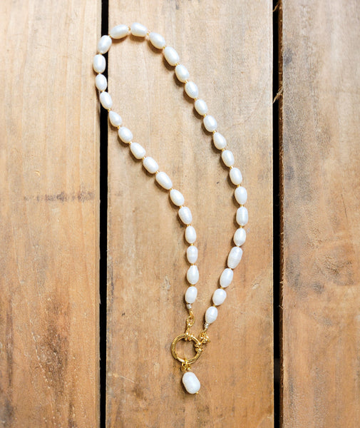 6-8mm freshwater rice pearls gold-filled charm clasp; fw pearl charm necklace