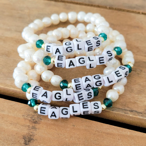 EAGLES freshwater pearls, green crystals and 14kt gf balls stretch bracelet