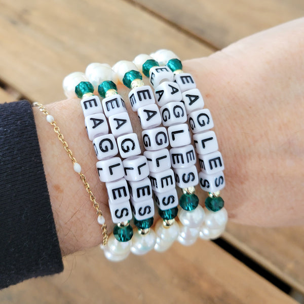 Fancy Fans EAGLES freshwater pearls, green crystals and 14kt gf balls stretch bracelet
